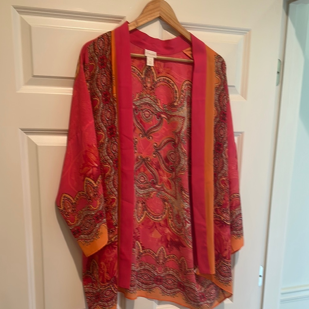 Chico's Pink and Orange Blazer with Floral Accents